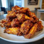A large pile of golden brown, crispy baked chicken wings stacked high on a white plate.