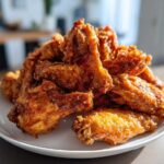 A large pile of golden brown, crispy baked chicken wings stacked high on a white plate.