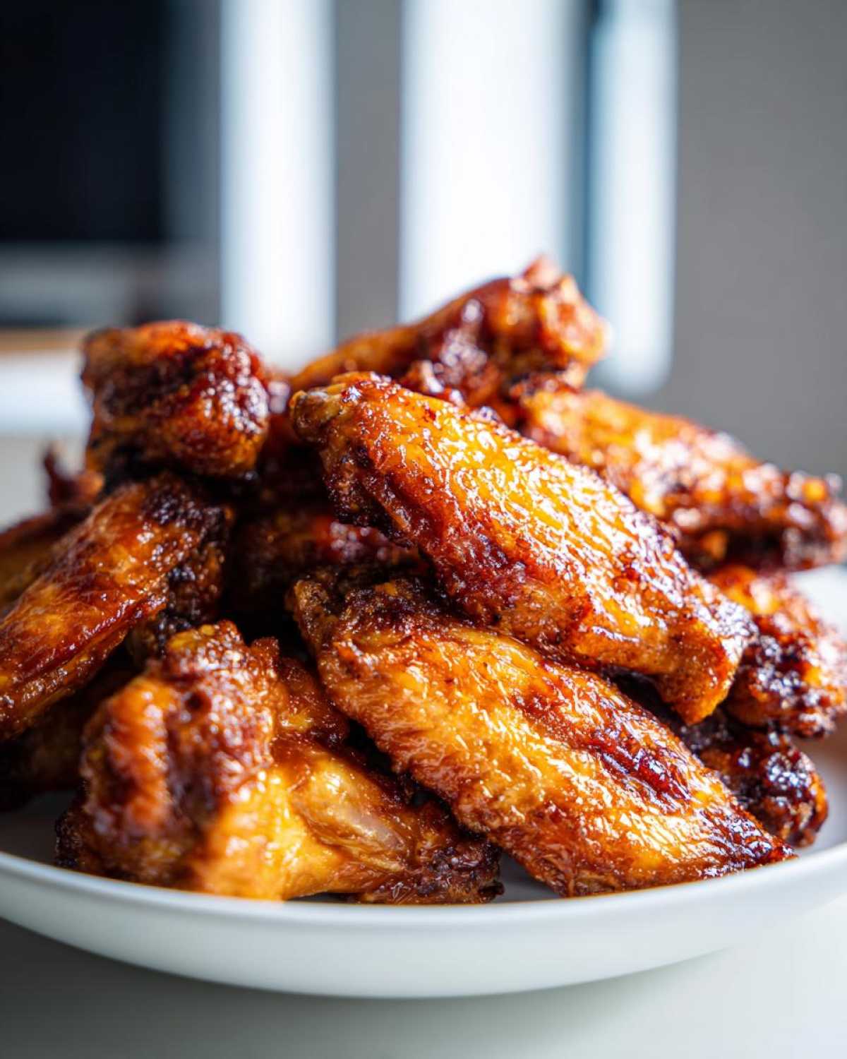 A close-up of a mound of golden brown, glazed, crispy baked chicken wings stacked on a white plate.