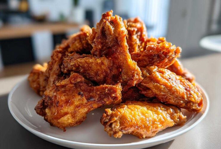 A large pile of golden brown, crispy baked chicken wings stacked high on a white plate.