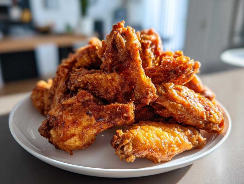 A large pile of golden brown, crispy baked chicken wings stacked high on a white plate.