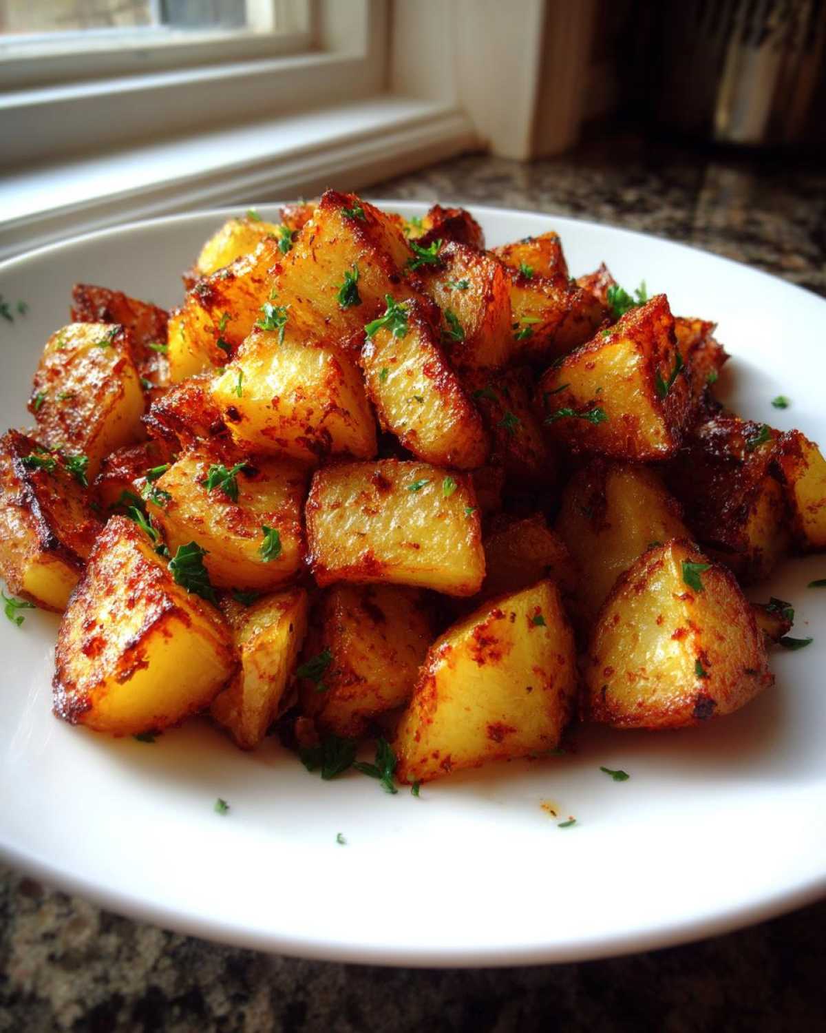 Close-up of perfectly crispy, golden-brown breakfast potatoes seasoned and sprinkled with fresh parsley.