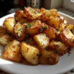 A pile of golden brown, crispy breakfast potatoes seasoned and garnished with fresh parsley on a white plate.