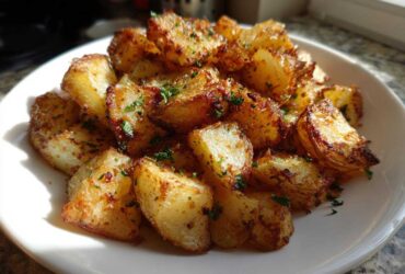 A pile of golden brown, crispy breakfast potatoes seasoned and garnished with fresh parsley on a white plate.