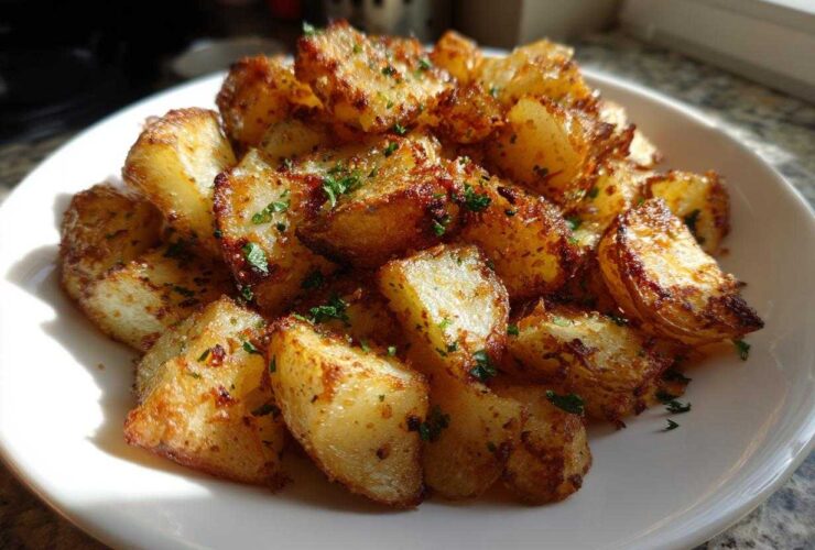 A pile of golden brown, crispy breakfast potatoes seasoned and garnished with fresh parsley on a white plate.