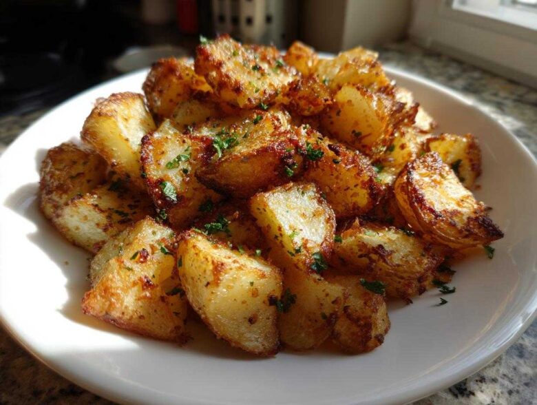 A pile of golden brown, crispy breakfast potatoes seasoned and garnished with fresh parsley on a white plate.