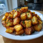 A mound of perfectly golden and crispy breakfast potatoes seasoned with fresh parsley on a white plate.
