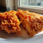 Two pieces of perfectly cooked, crispy fried chicken resting on a white plate, showing the crunchy texture.