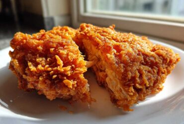 Two pieces of perfectly cooked, crispy fried chicken resting on a white plate, showing the crunchy texture.