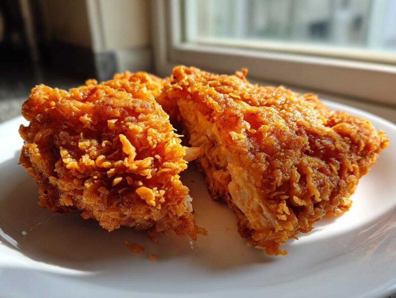 Two pieces of perfectly cooked, crispy fried chicken resting on a white plate, showing the crunchy texture.