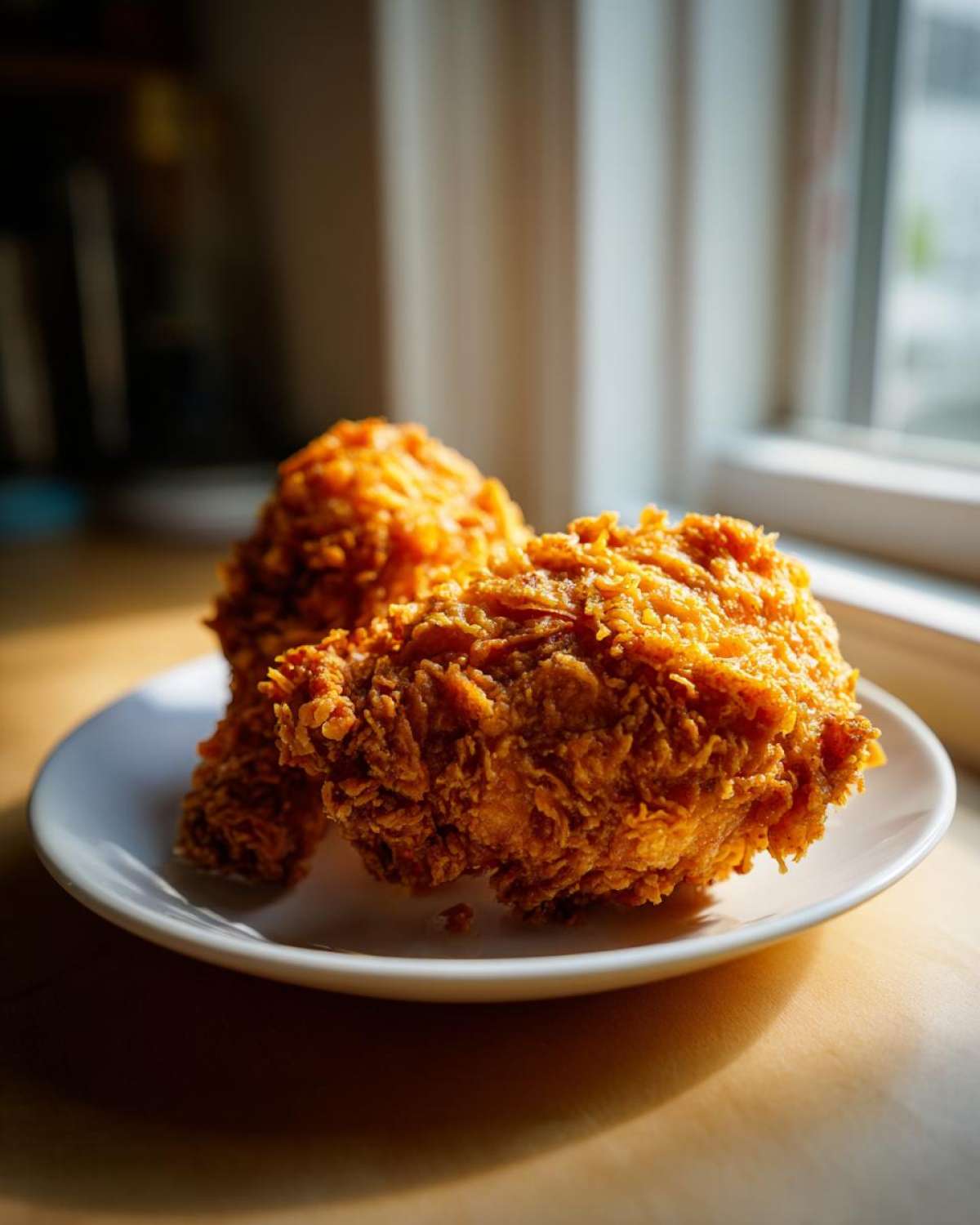 Two pieces of extremely crispy, golden brown fried chicken resting on a small white plate, dramatically lit by sunlight.