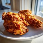 Two pieces of perfectly golden, crispy fried chicken resting on a white plate near a window.