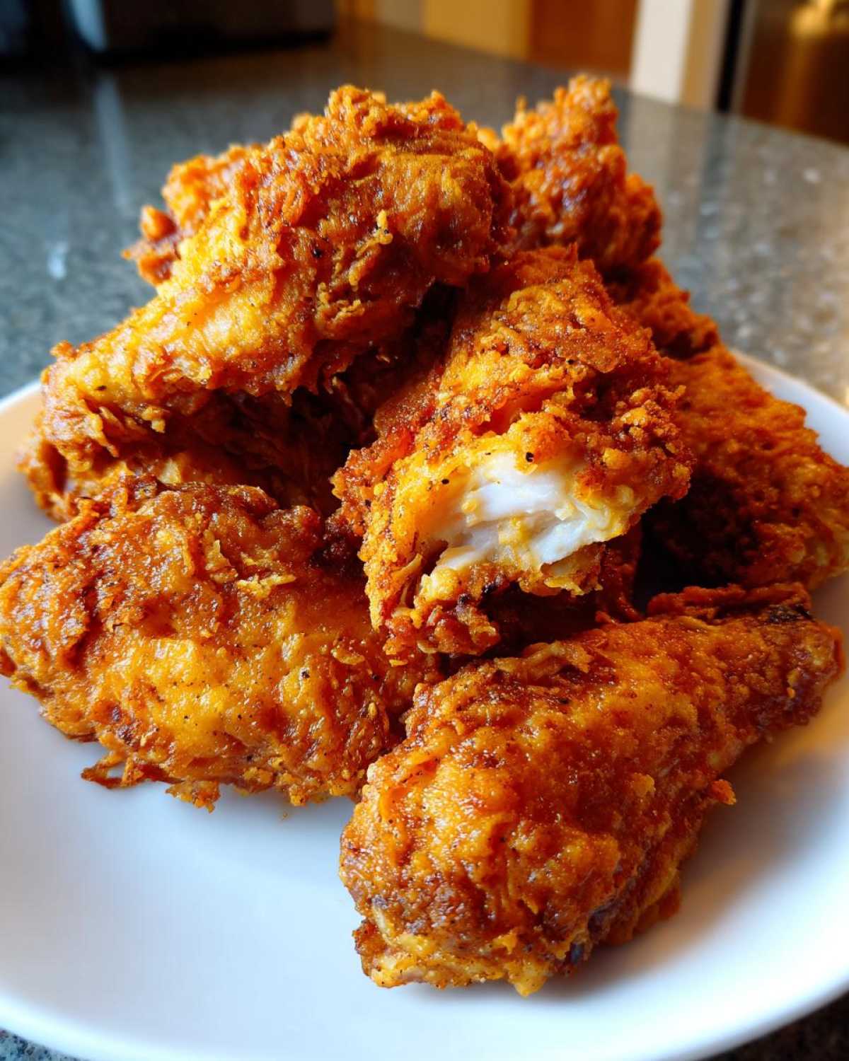 A pile of perfectly crispy, golden brown fried chicken wings on a white plate, one piece broken open showing juicy white meat.