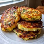 A stack of four golden-brown, crispy mashed potato cakes studded with green herbs, served on a white plate.