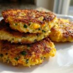 A stack of three golden-brown, crispy mashed potato cakes showing a fluffy interior with herbs.
