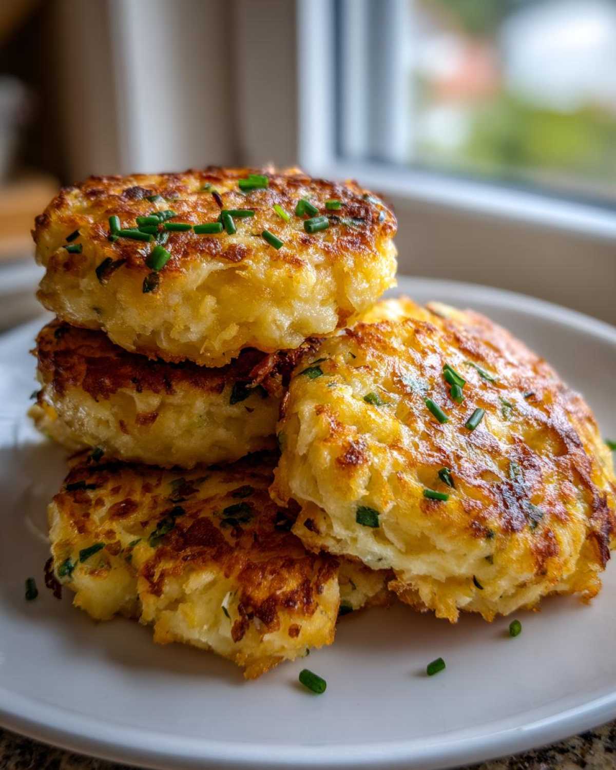 A stack of four golden-brown, crispy mashed potato cakes garnished with fresh chopped chives.