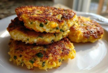 A stack of three golden-brown, crispy mashed potato cakes showing a fluffy interior with herbs.