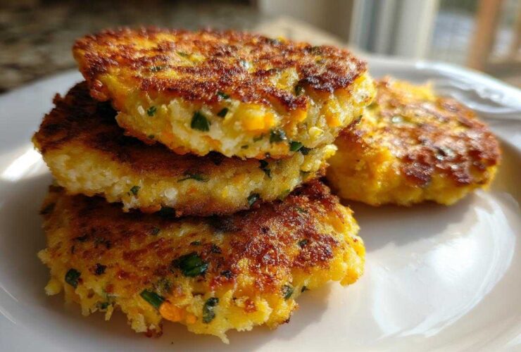 A stack of three golden-brown, crispy mashed potato cakes showing a fluffy interior with herbs.