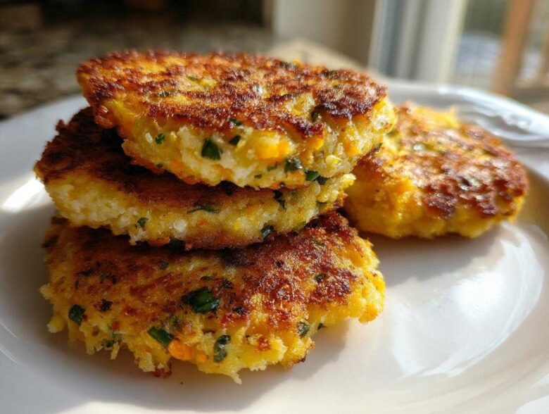 A stack of three golden-brown, crispy mashed potato cakes showing a fluffy interior with herbs.