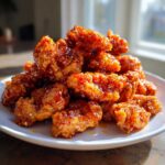 A mound of crispy, glazed pieces of orange chicken recipe piled high on a white plate.