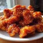 Close-up of crispy, glazed pieces of orange chicken recipe piled high on a white plate, sprinkled with sesame seeds.