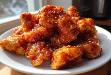 Close-up of crispy, glazed pieces of orange chicken recipe piled high on a white plate, sprinkled with sesame seeds.