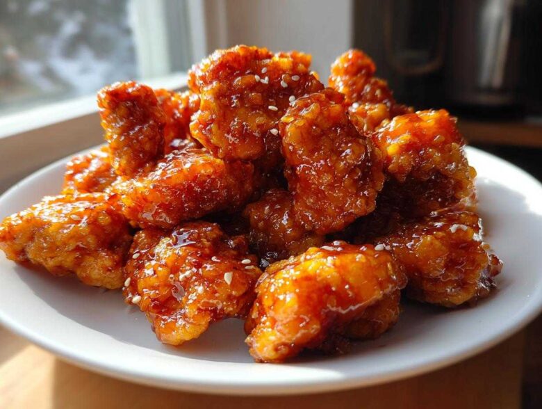 Close-up of crispy, glazed pieces of orange chicken recipe piled high on a white plate, sprinkled with sesame seeds.