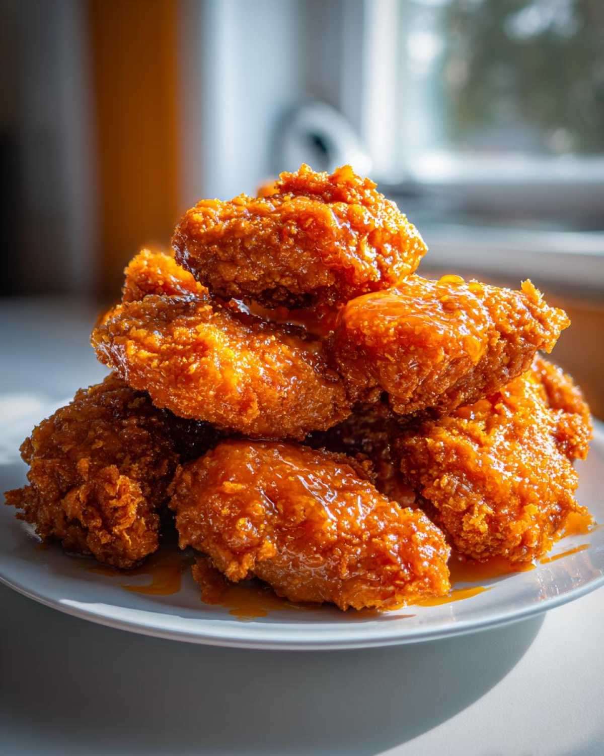 A stack of crispy, glazed pieces of orange chicken recipe piled on a white plate.