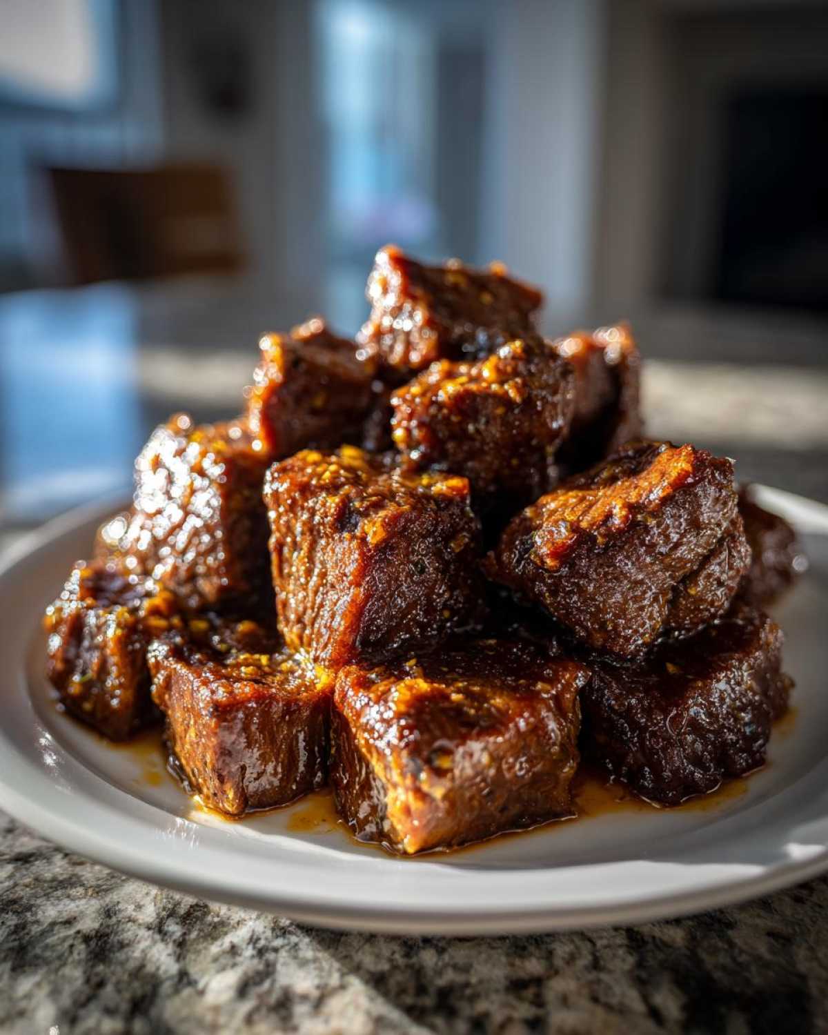 Close-up of tender, saucy crockpot steak bites piled on a white plate.