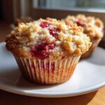 A close-up of a delicious strawberry muffin topped with golden streusel, sitting on a white plate.