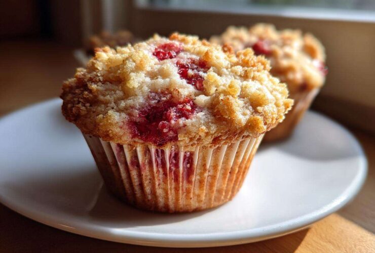 A close-up of a delicious strawberry muffin topped with golden streusel, sitting on a white plate.