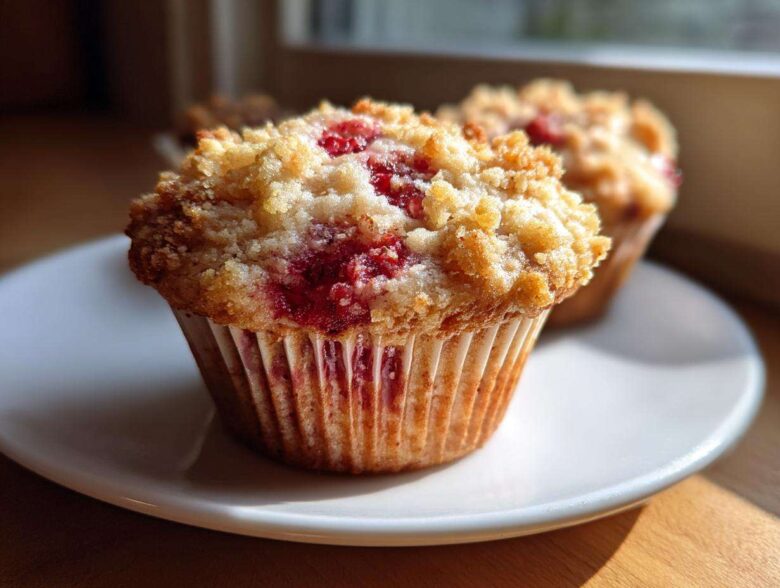 A close-up of a delicious strawberry muffin topped with golden streusel, sitting on a white plate.