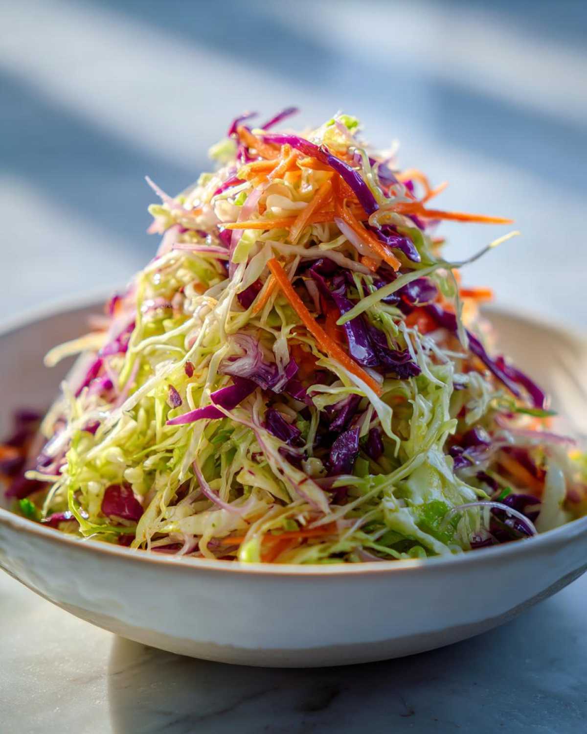 A tall mound of colorful, crunchy cabbage salad featuring shredded green and purple cabbage and carrots in a light bowl.