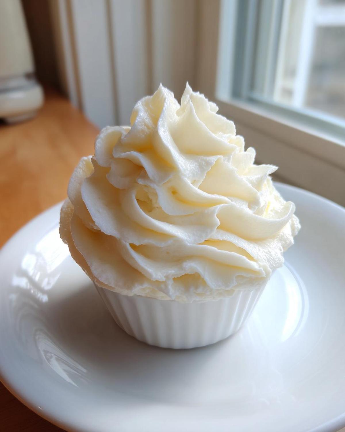 A close-up of a cupcake topped with a beautiful, thick swirl of white cream cheese frosting, sitting on a white plate.