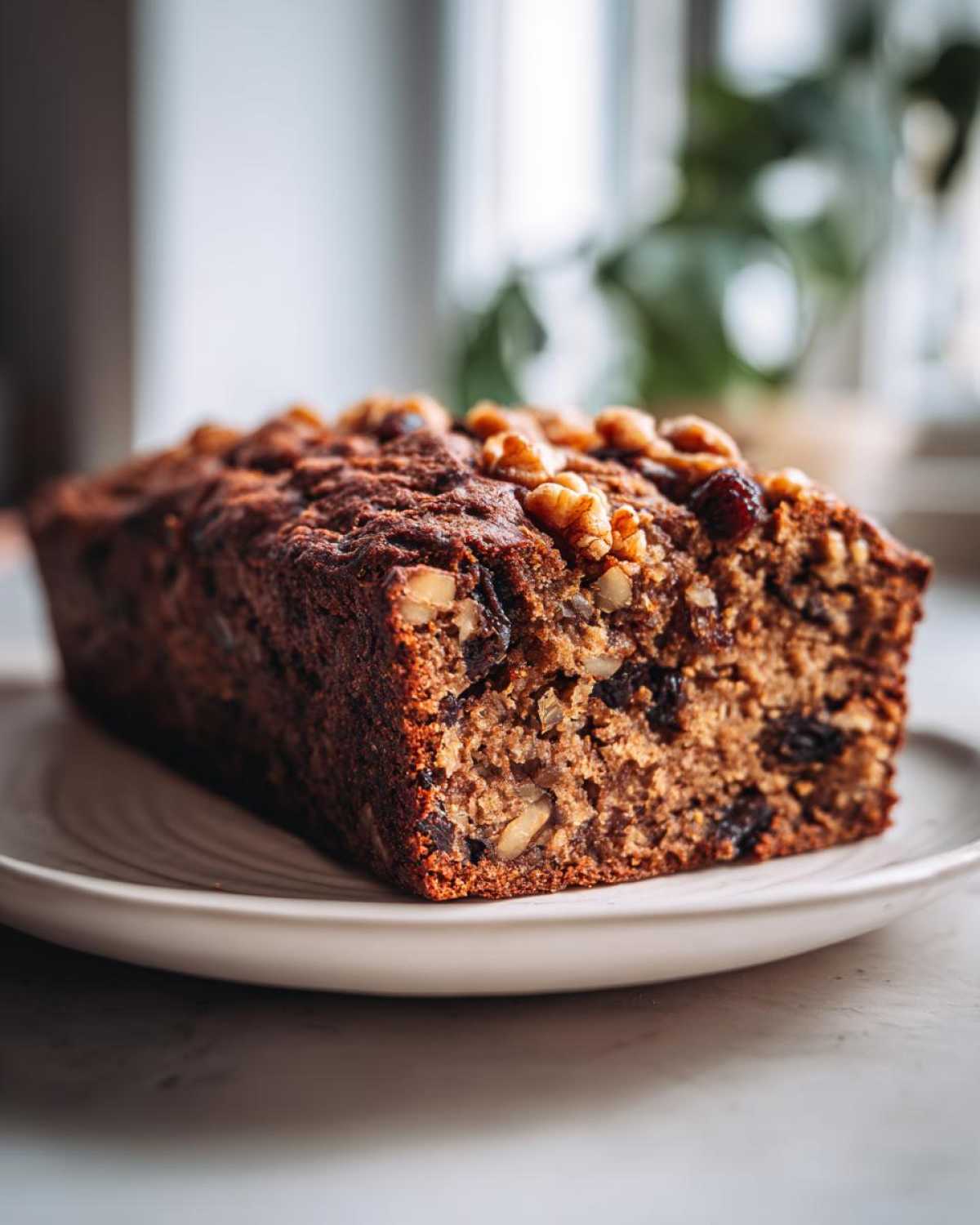 A close-up of a freshly baked date nut bread loaf topped with walnuts, resting on a light plate.