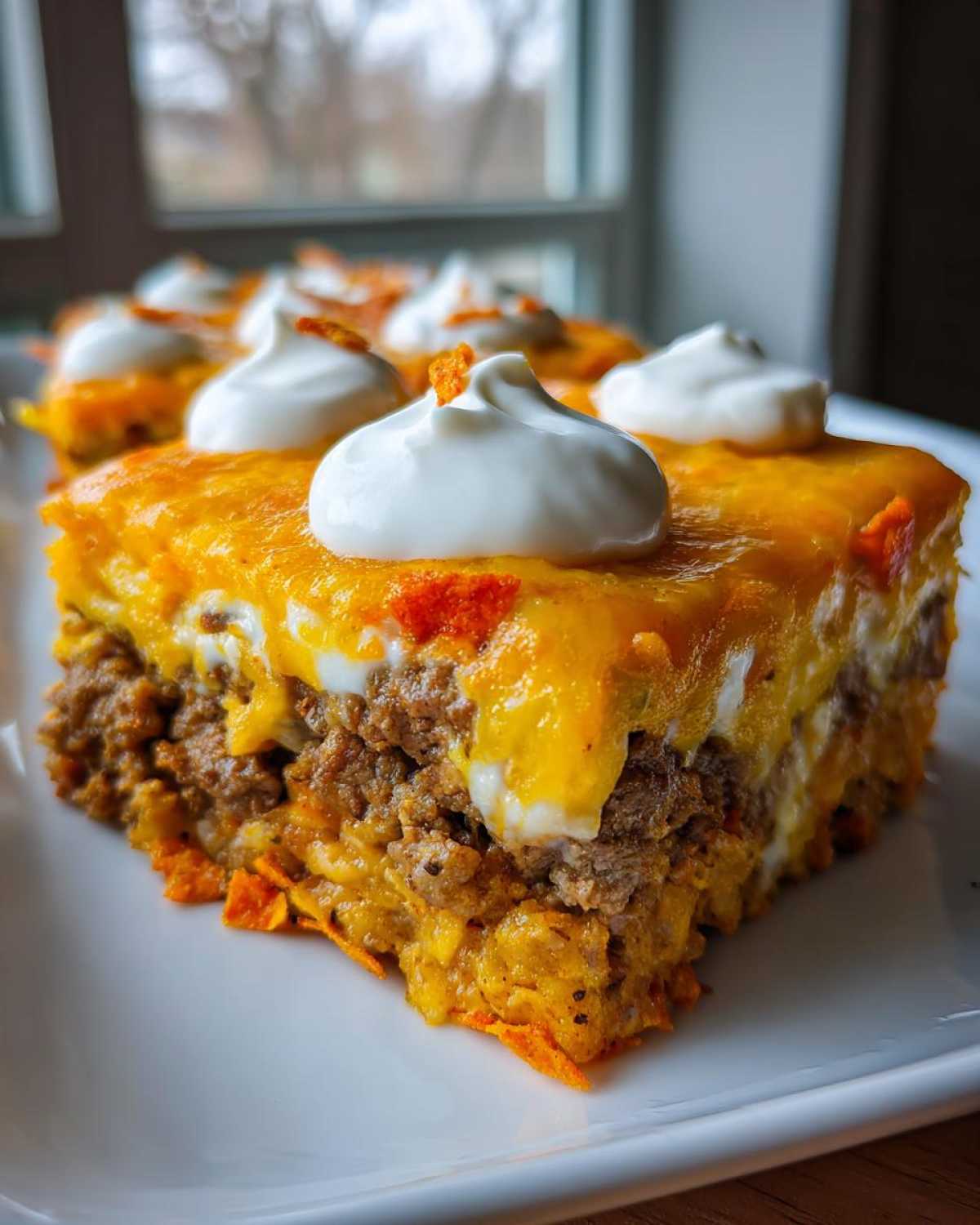 A close-up slice of Amazing Dorito Casserole topped with melted cheese and dollops of sour cream.