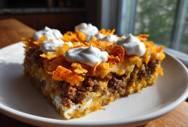 A square slice of Dorito Casserole featuring layers of seasoned ground beef, cheese, and topped with crushed chips and dollops of sour cream.