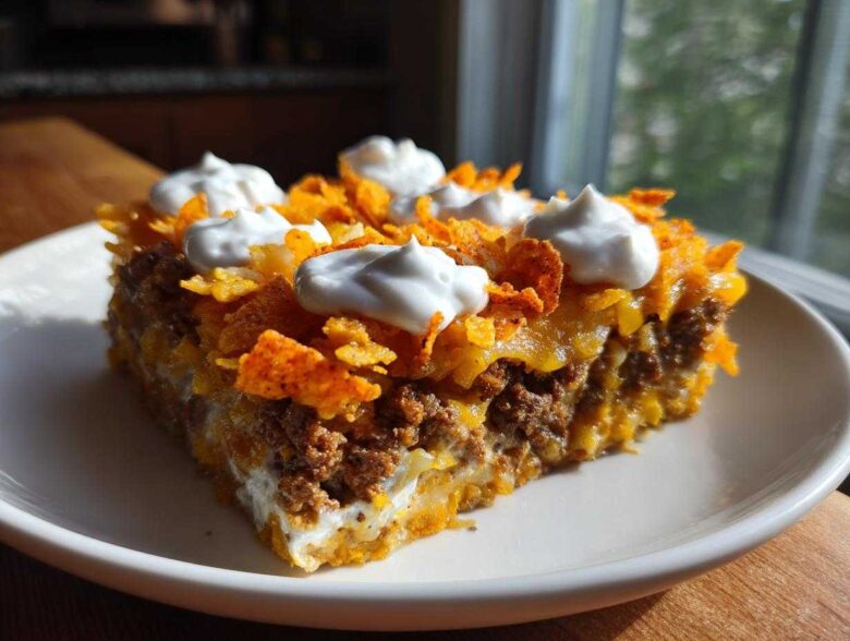 A square slice of Dorito Casserole featuring layers of seasoned ground beef, cheese, and topped with crushed chips and dollops of sour cream.