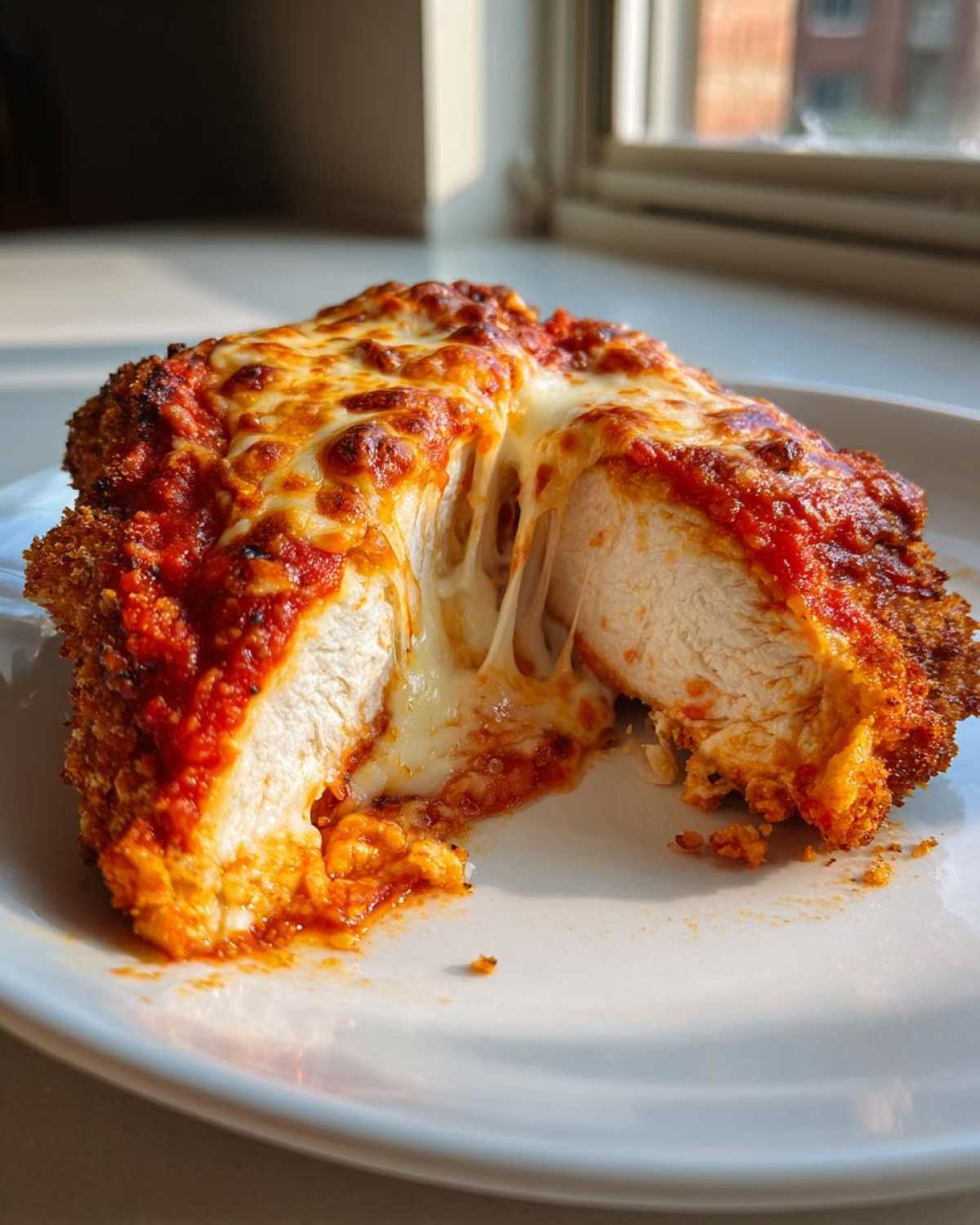 Cross-section of Easy Chicken Parmesan showing crispy breading, white chicken, and stretchy melted mozzarella cheese.