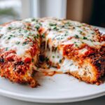 A cross-section view of Easy Chicken Parmesan showing melted mozzarella cheese pulling apart.
