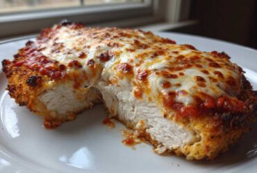 Cross-section view showing the juicy white meat of Easy Chicken Parmesan topped with melted cheese and marinara sauce.