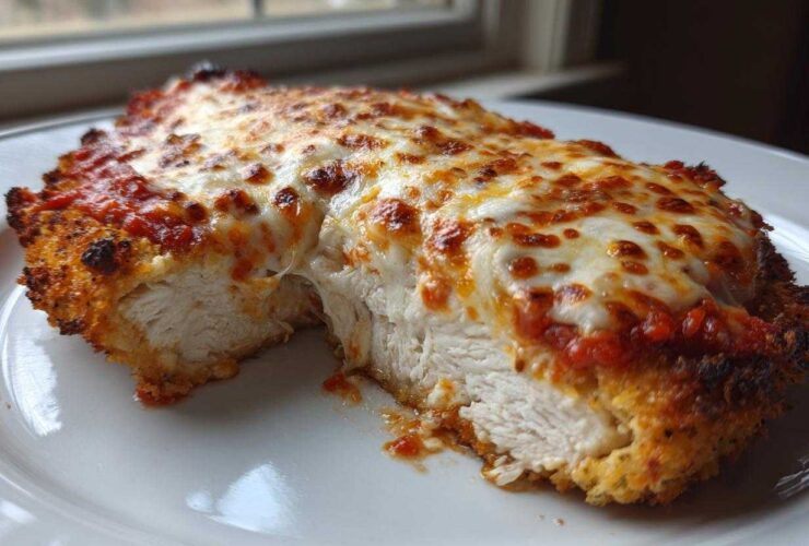 Cross-section view showing the juicy white meat of Easy Chicken Parmesan topped with melted cheese and marinara sauce.
