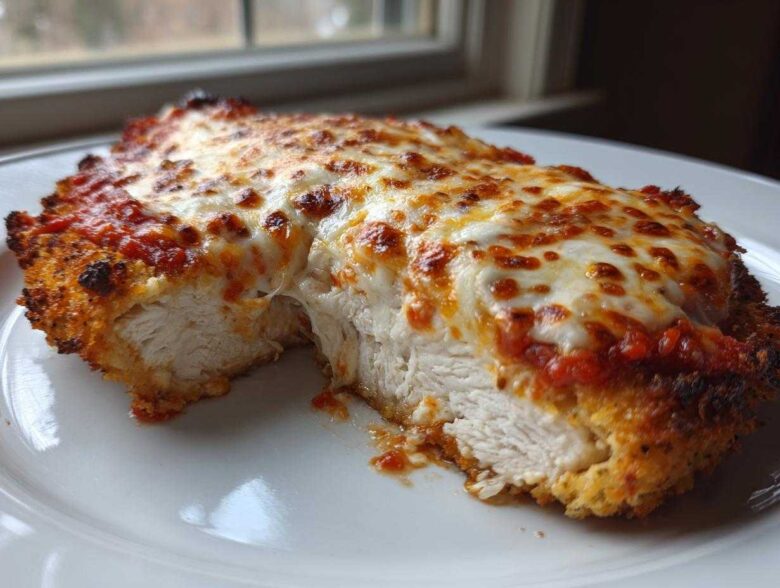 Cross-section view showing the juicy white meat of Easy Chicken Parmesan topped with melted cheese and marinara sauce.
