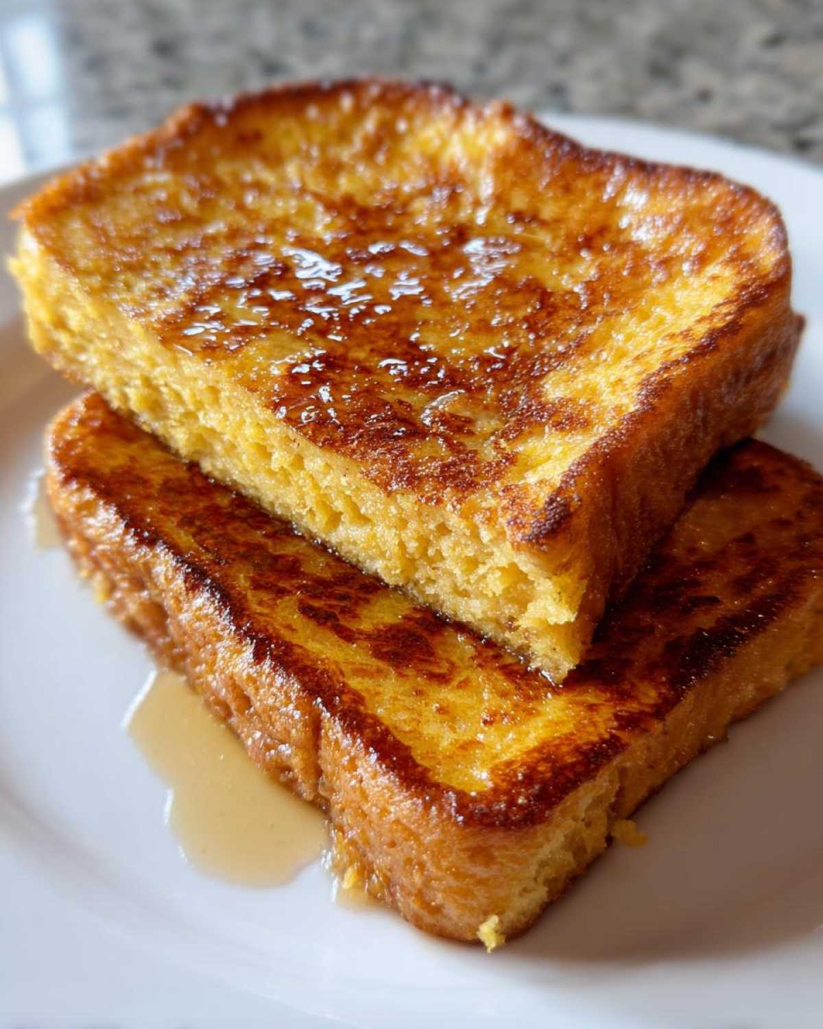 Close-up of two slices of golden brown easy french toast stacked on a white plate, drizzled with syrup.