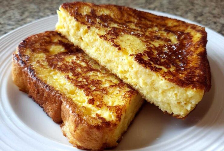 Two thick slices of golden brown easy french toast stacked slightly on a white plate.