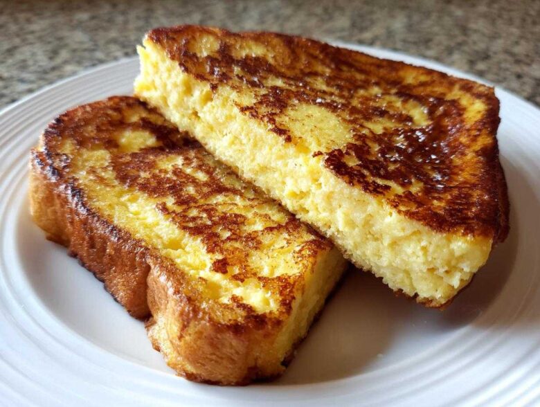 Two thick slices of golden brown easy french toast stacked slightly on a white plate.
