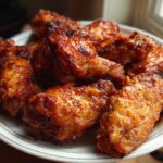 Close-up of several extra crispy chicken wings coated in a rich, glossy orange-red glaze served on a white plate.