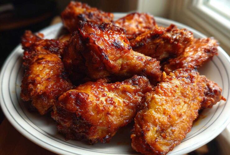 Close-up of several extra crispy chicken wings coated in a rich, glossy orange-red glaze served on a white plate.