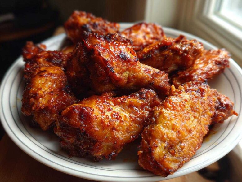 Close-up of several extra crispy chicken wings coated in a rich, glossy orange-red glaze served on a white plate.