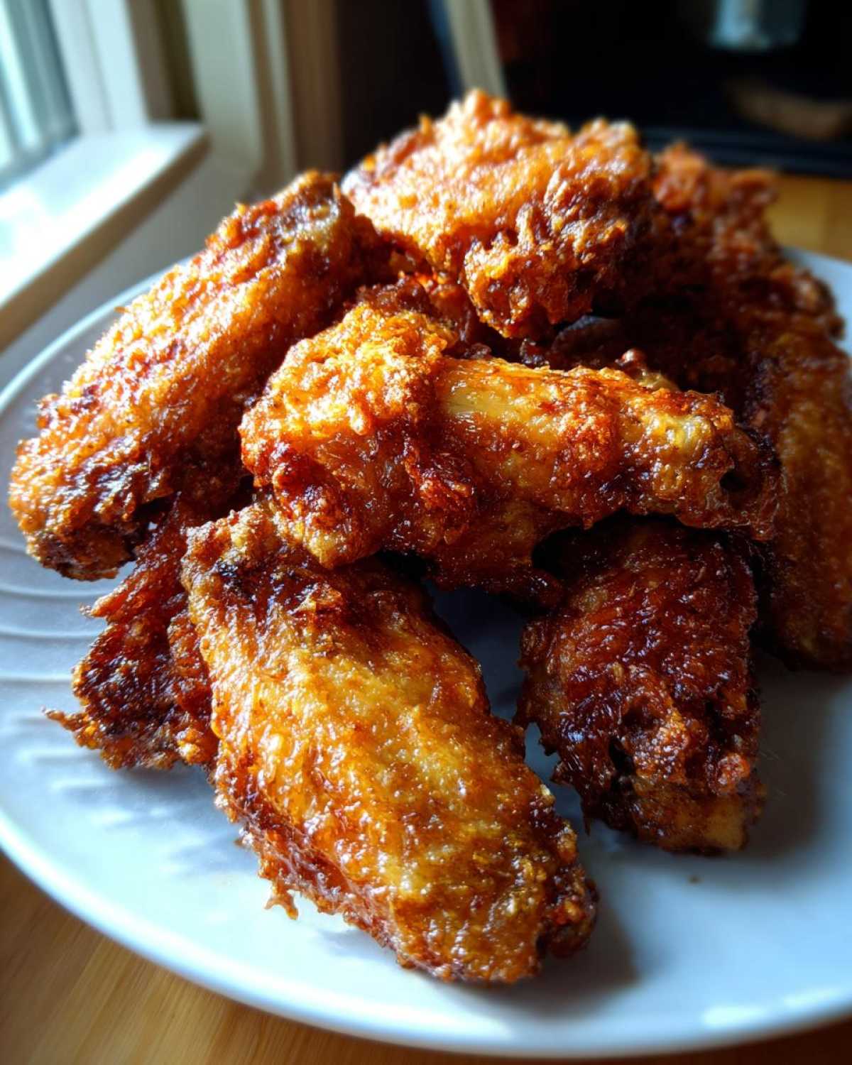 A close-up of a pile of golden brown, extra crispy chicken wings glistening under natural light.